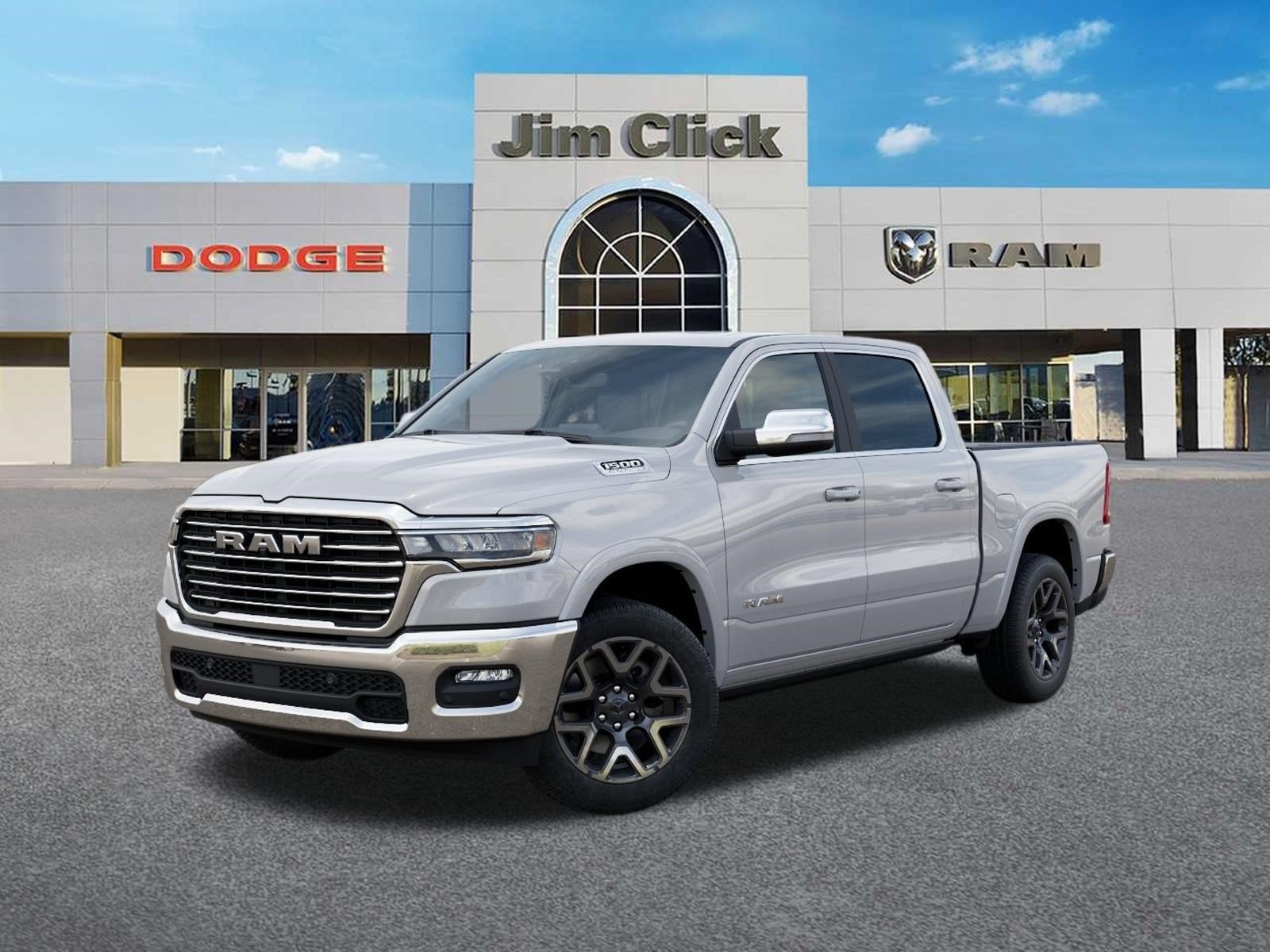 2026 RAM 1500 Laramie in Ivory White Tri-Coat Pearl-Coat Exterior Paint — front three-quarter view