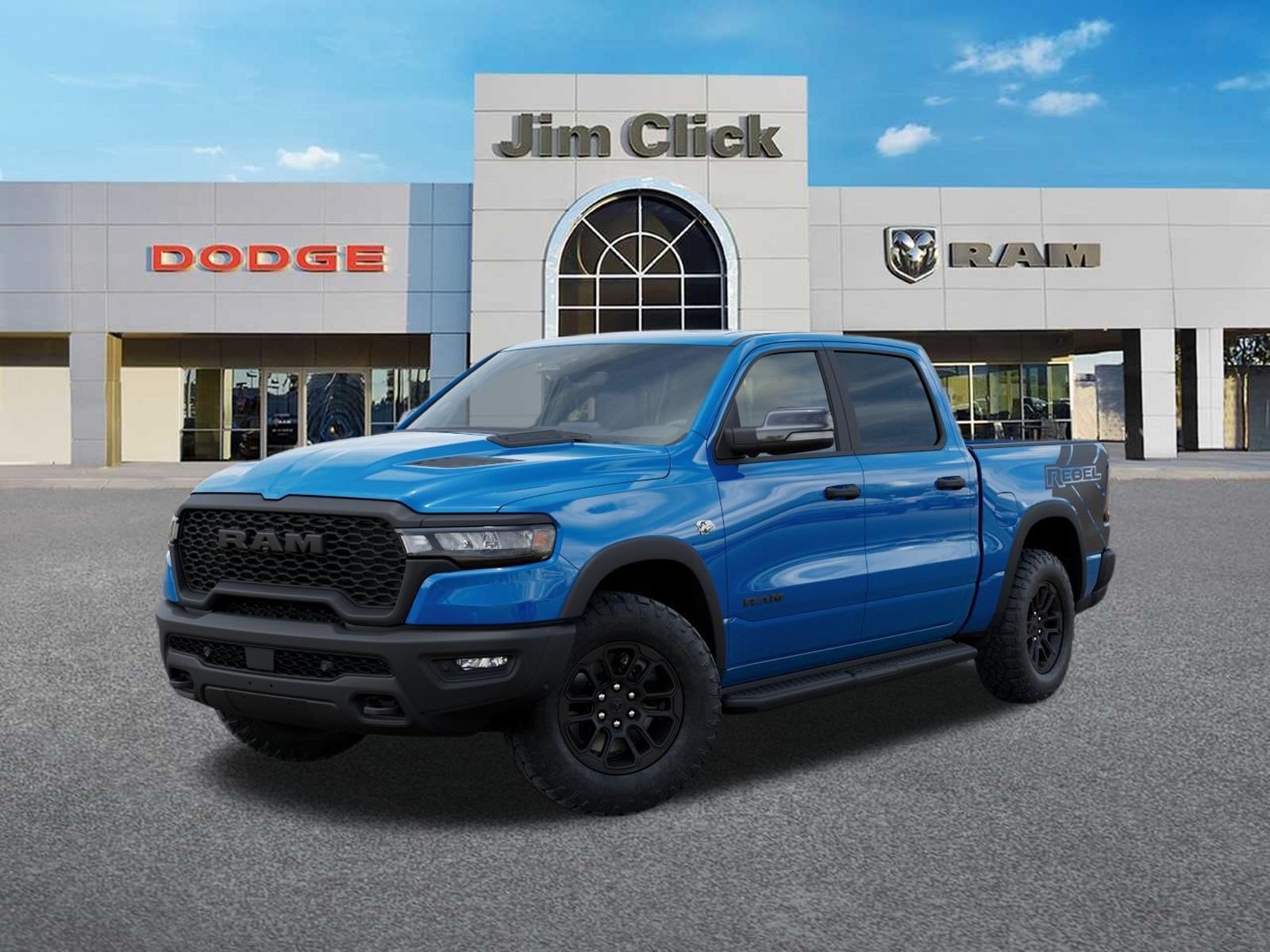 2026 RAM 1500 Rebel in Hydro Blue Pearl-Coat Exterior Paint — front three-quarter view